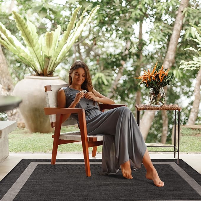 CAMILSON Outdoor Rug 9x12, Large Modern Outside Rugs for Patios Porches Waterproof Durable Washable Non-Shedding, Easy-to-Clean Indoor Outdoor Area Carpet (9 x 12, Bordered - Dark Gray/Light Gray)