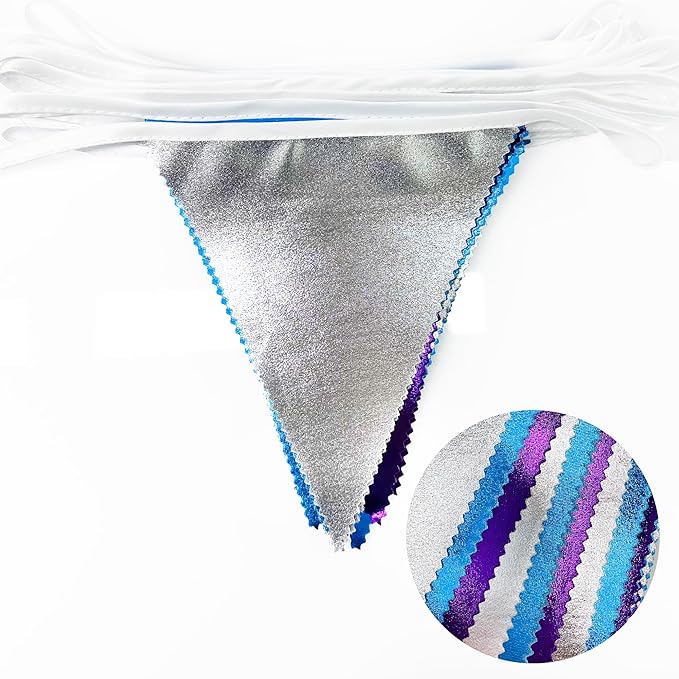 Frozen Party Decoration Purple Blue Silver Metallic Fabric Triangle Pennant Banner Flag Bunting Garland for Frozen Winter Wonderland Christmas Birthday Wedding Baby Shower Bridal Shower Party Supplies