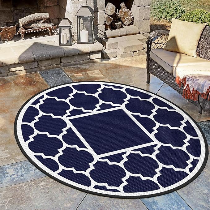 GENIMO 8' Round Outdoor Rug Waterproof for Patio Decor, Foldable Reversible Plastic Straw Area Rugs Mat for Rv, Outside Carpet for Camper, Deck, Picnic, Beach, Balcony, Camper, Blue & White