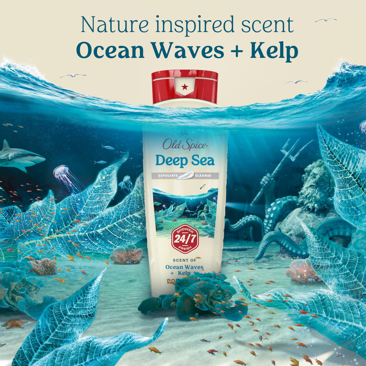 Old Spice Cleansing Body Wash for Men, 24/7 Shower Fresh with Lasting Scent, Exfoliate & Cleanse, Gentle on Skin, Vitamin B3, Deep Sea with Ocean Waves + Kelp Scent, 18 oz (Pack of 4)