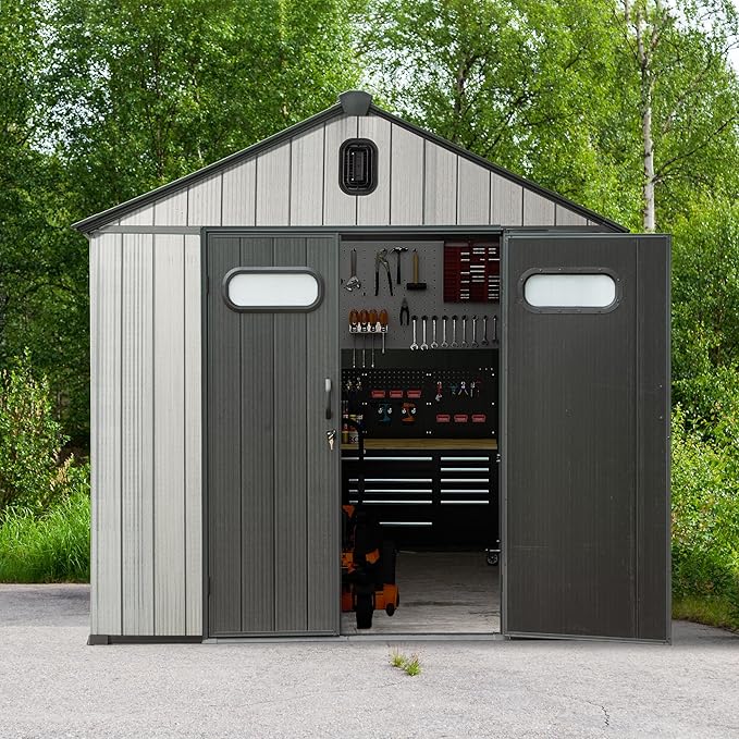 Domi 8x12 FT Outdoor Resin Storage Shed, All-Weather Double-Wall Storage Building for Backyard, Garden, Lawn Tools, Mower, Bike & Pool Equipment, Lockable Doors, Ventilated Roof, Grey