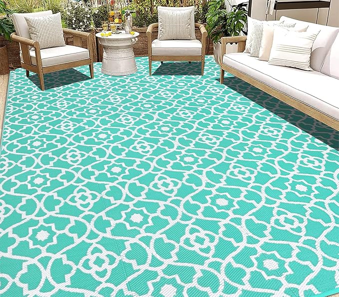 HEBE Outdoor Rug Waterproof 9x12, Reversible Plastic Straw Rug RV Camping Rug, Indoor Outdoor Patio Mat Clearance, Outside Carpet for Porch,Deck,Camper,Balcony,Backyard,Picnic