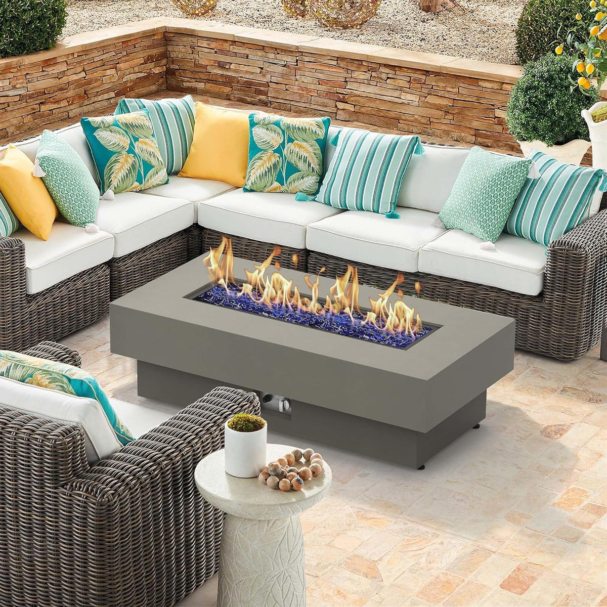 48-inch Fire Table with Natural Gas Conversion Kit, 50,000BTU Outdoor Modern Patio Fire Pit Table w/Rectangular Burner Lid, Glass Rocks, Cover