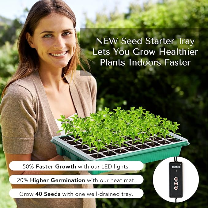 Upgraded Seed Starter Tray with Grow Lights and Heat Mat, 3-in-1 Soil Meter, & Sticky Gnat Traps, 40-Cell Seed Growing Tray, Germination & Plant Propagation Station for Indoor Plants