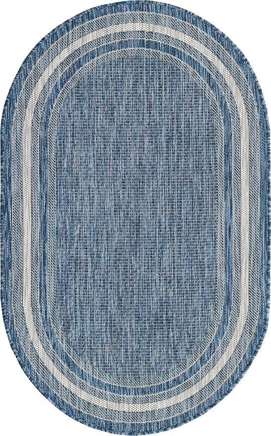 Unique Loom Outdoor Border Collection Area Rug - Soft Border (3' 3" x 5' 3" Oval, Blue/ Ivory)