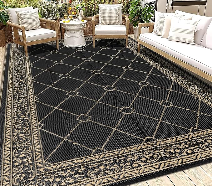 HEBE Outdoor Rug Waterproof 8x10, Reversible Plastic Straw Rug RV Camping Rug, Indoor Outdoor Patio Mat Clearance, Outside Carpet for Porch,Deck,Camper,Balcony,Backyard,Picnic