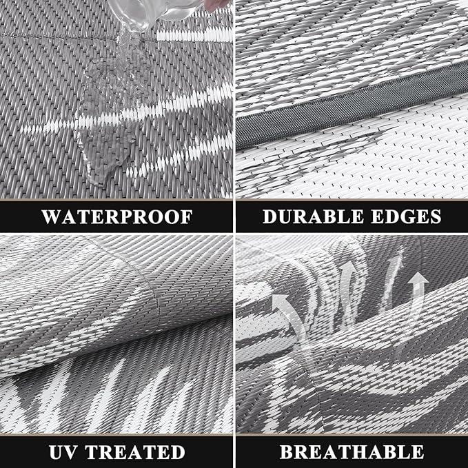Pauwer Waterproof Outdoor Rug 8x10, Reversible Plastic Straw Patio Camping Rug, Indoor Outdoor RV Mat Carpet for Deck, Camper, Porch, Balcony, Backyard, Picnic, Leaf Grey