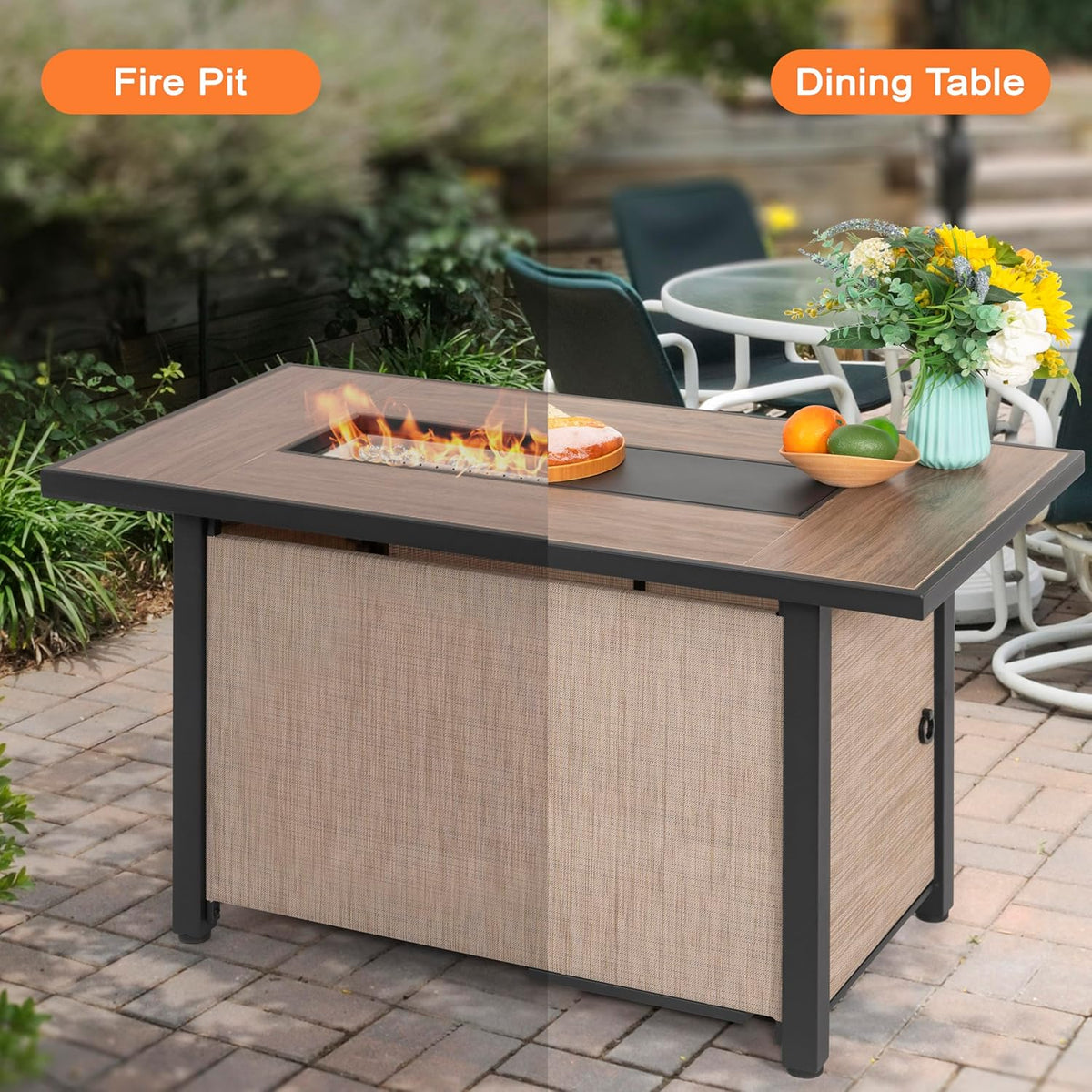 Nuu Garden 43" Propane Fire Pit, CSA-Listed Outdoor Fire Pit Table, 50000 BTU Gas FirePit with Lid, Glass Wind Guard, Glass Beads, 2-in-1 Rectangular FirePit for Outside Backyard Patio, Light Brown