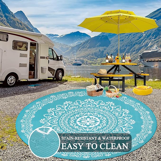 Pauwer Waterproof Outdoor Rug 8ft, Reversible Plastic Straw Patio Camping Rug, Indoor Outdoor RV Mat Carpet for Deck, Camper, Porch, Balcony, Backyard, Picnic, Floral Teal