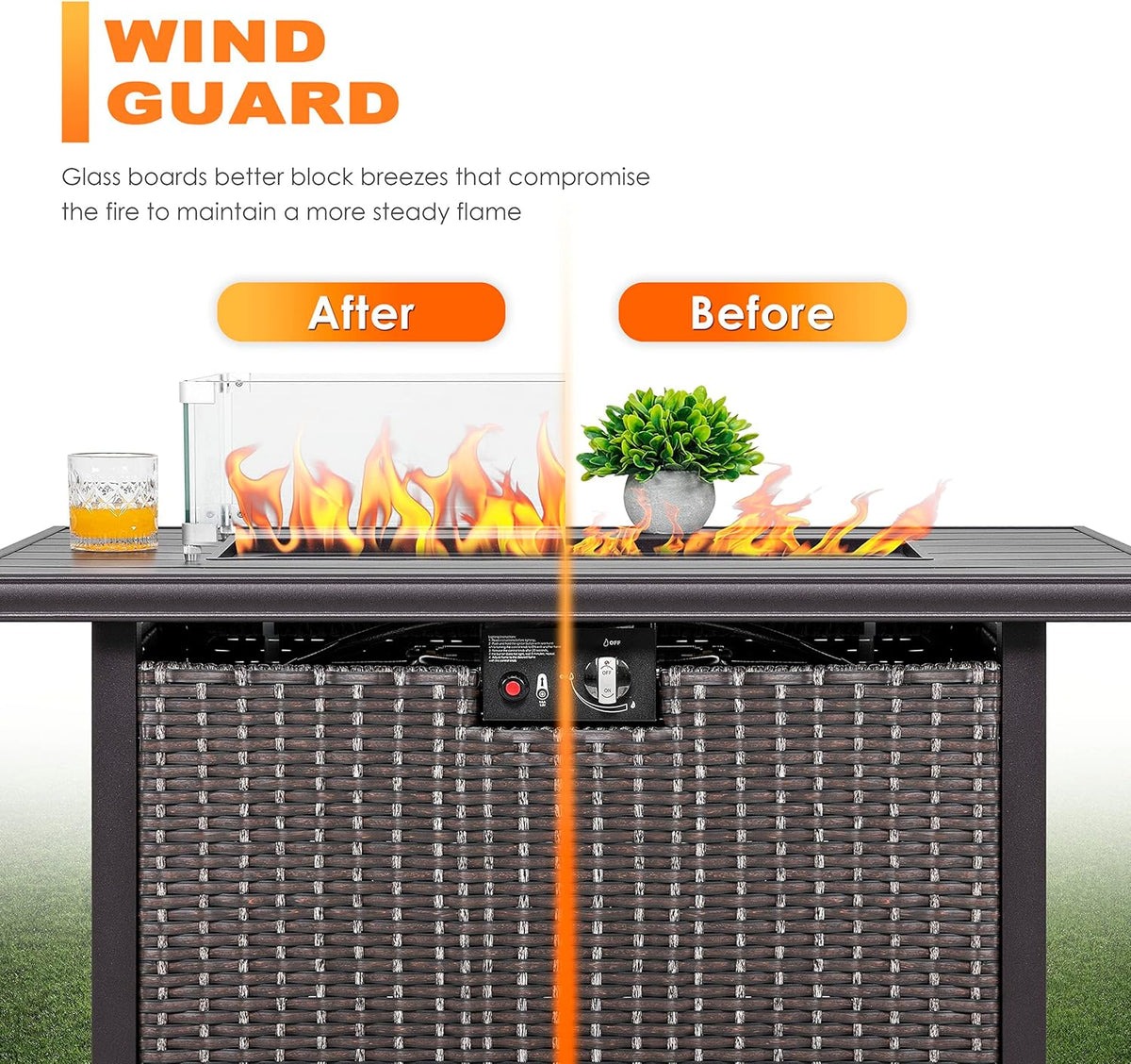 Nuu Garden Outdoor 43 Inch 50,000 BTU Propane Gas Fire Pit Table, Aluminum Tabletop and PE Rattan Weaved Steel Frame, Water-Proof Oxford Cover, Glass Fire Pit Wind Guard, Glass Beads, Lid, Dark Brown