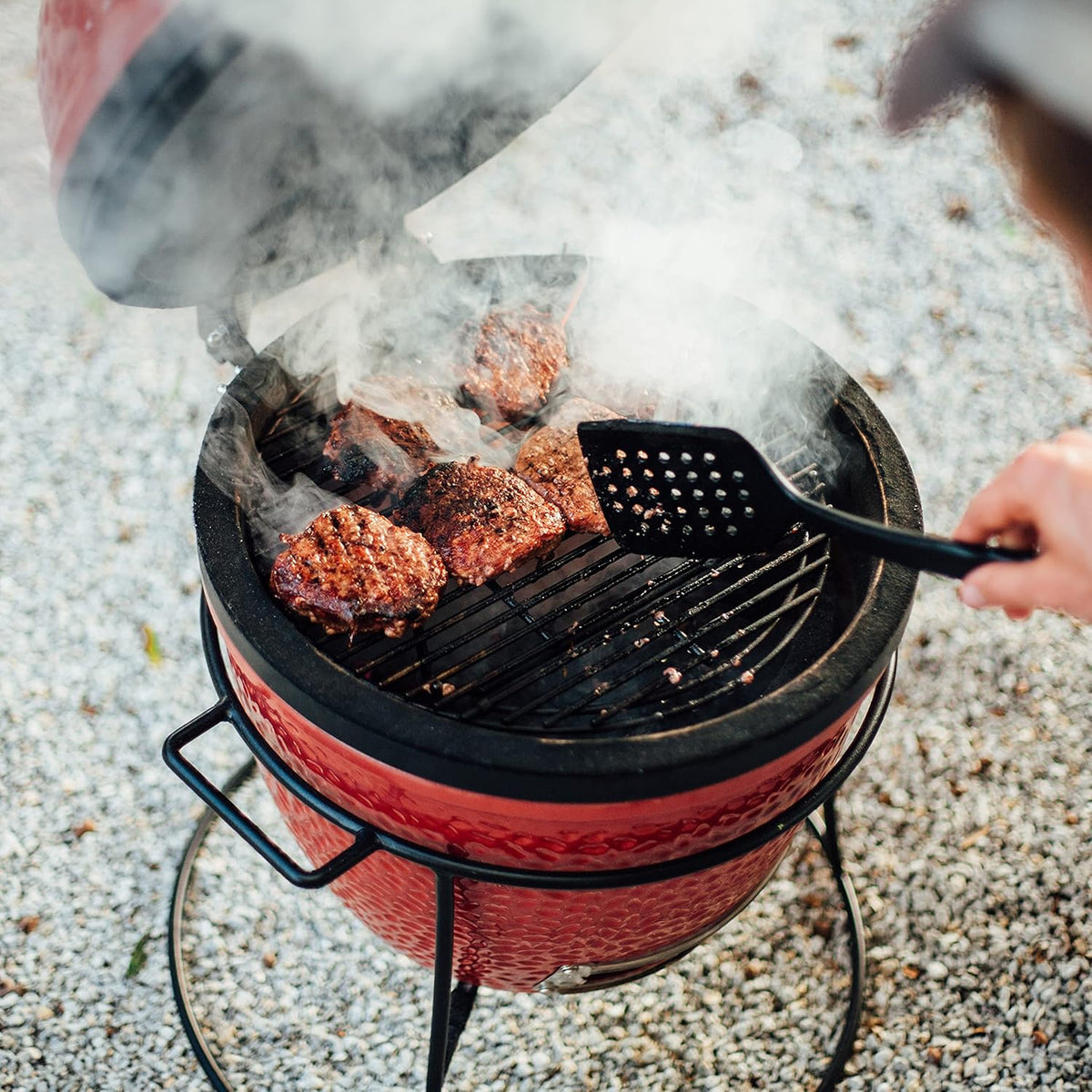 Kamado Joe KJ13RH Joe Jr. 13.5 inch Portable Charcoal Grill with Cast Iron Cart and Heat Deflectors, Blaze Red and Kamado Joe KJ15090620 Cast Iron Sear Plate