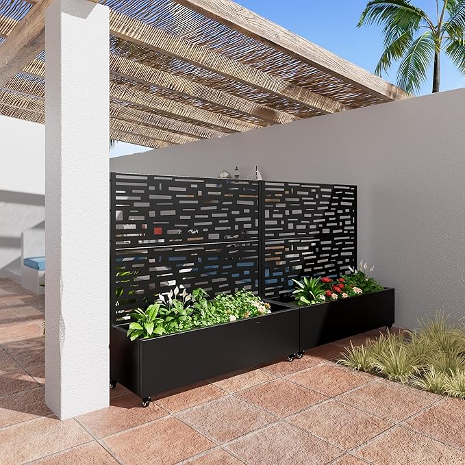 Casaphoria Metal Raised Garden Bed with Trellis and Wheels, 47"x47"x16" Planter Box for Climbing Plants, Vegetables & Vines, Features Drainage Holes and Privacy Screen (Black-Gerald)