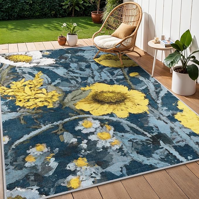 GENIMO Indoor Outdoor Area Rug 6' X 9' Waterproof, Washable Patio Rug Non Shedding, Easy Cleaning Floral Outdoor Carpet for Living Room, Bedroom, Dining Room, Balcony, Backyard, Deck, RV, Blue Yellow