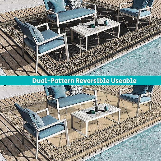 HEBE Outdoor Rug Waterproof 8x10, Reversible Plastic Straw Rug RV Camping Rug, Indoor Outdoor Patio Mat Clearance, Outside Carpet for Porch,Deck,Camper,Balcony,Backyard,Picnic