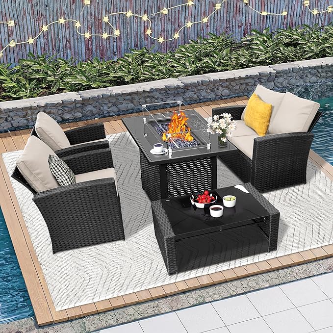 5 Piece Patio Furniture Set with 43" Propane Fire Pit Table, Outdoor Wicker Conversation Set, Rattan Modern Sectional Sofa Couch with Coffee Table for Backyard Porch Garden Poolside, Black-Beige