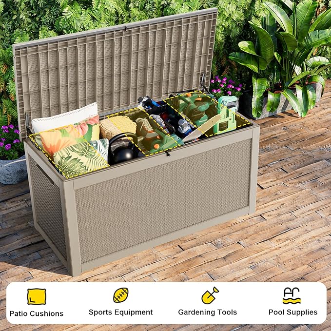 260 Gallon Outdoor Deck Box,Storage Lockable Waterproof Patio Furniture,Garden Tools,Cushions,Pool Accessories Outside Storage Resin Box(Grey)