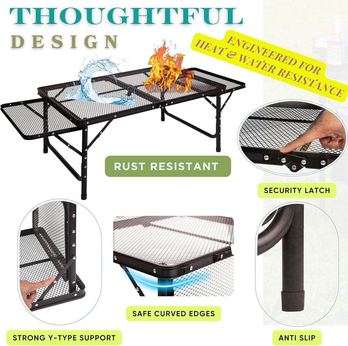 Folding Table w/ Carry Bag, Paper Towel Holder, Garbage Holder, Wing Panels, 3x2 FT Foldable Table for Portable Grill, Picnic, Outdoor, Beach, Small Folding Table Adjustable Height,Camping Table, BBQ