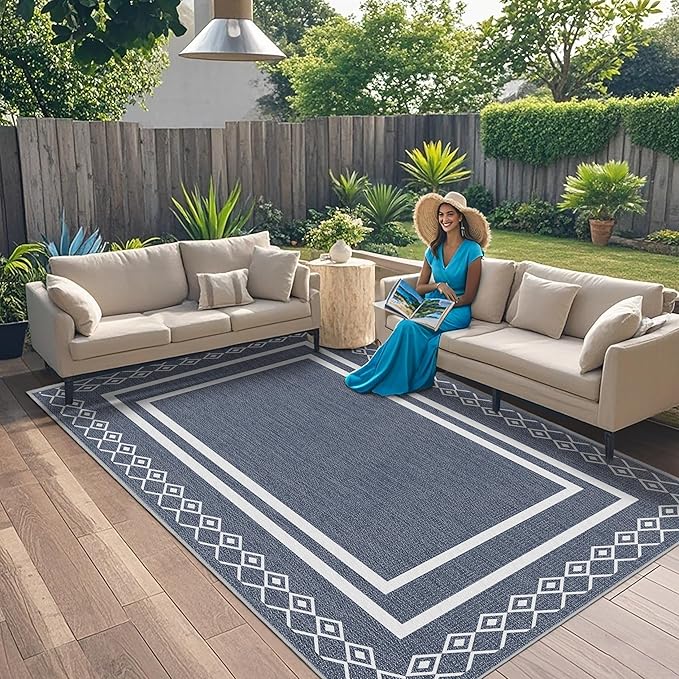 Outdoor Patio Rug, Outside Rectangular Carpet, Moroccan Geometric Rugs, Washable Large Indoor Outdoor Rug 8x10 Mats for RV, Picnic, Backyard, Deck, Balcony, Porch, Beach