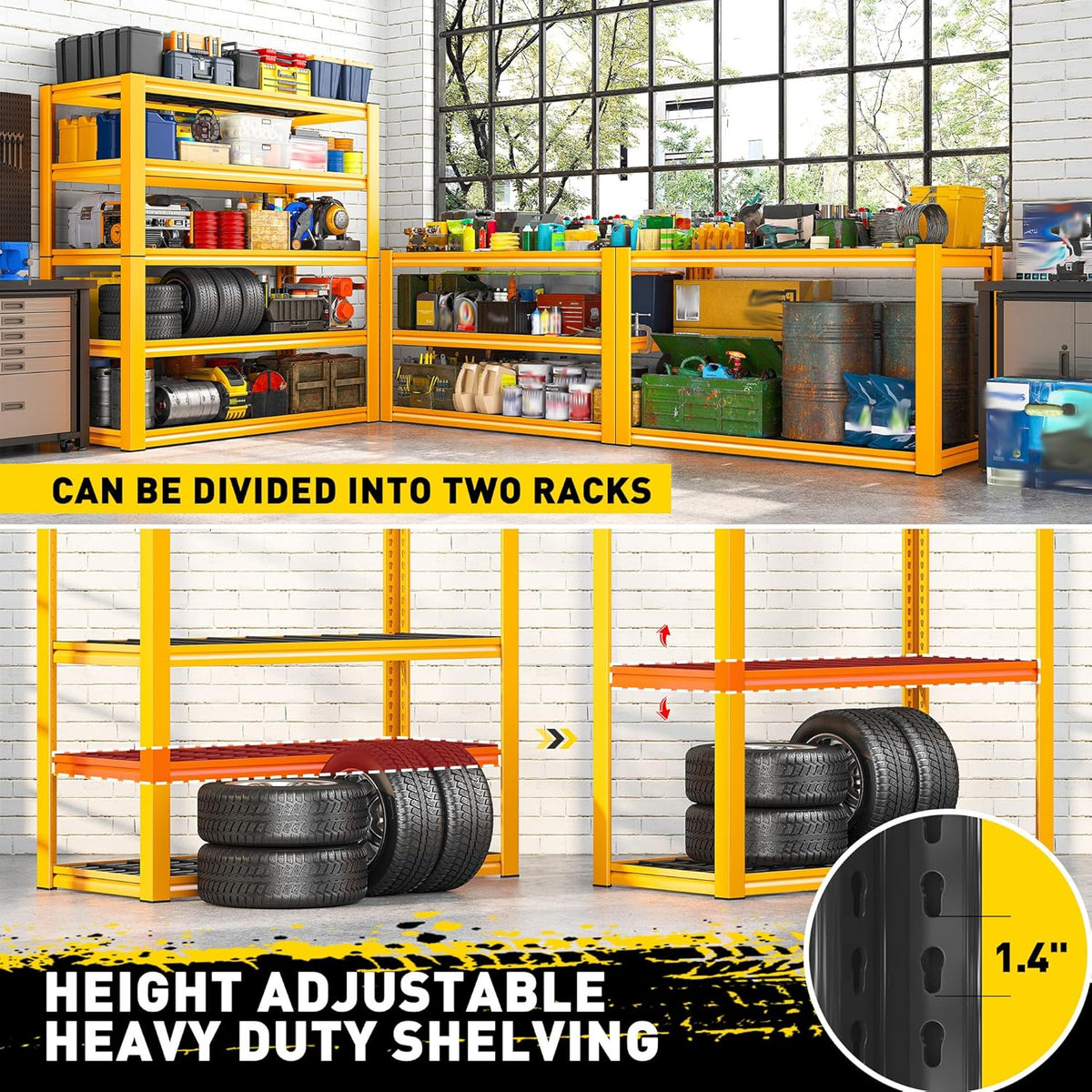 REIBII Garage Shelving Load 3000LBS, 5-Tier Storage Shelves, Adjustable Heavy Duty Metal Shelving Unit for Pantry, Basement, Warehouse, 72" H x 36" W x 16" D, 2PC