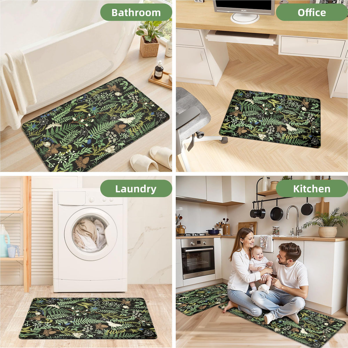 keensoft 2PCS Botanical Kitchen Rugs Set, Black Green 17.3"x28" + 17.3"x47"