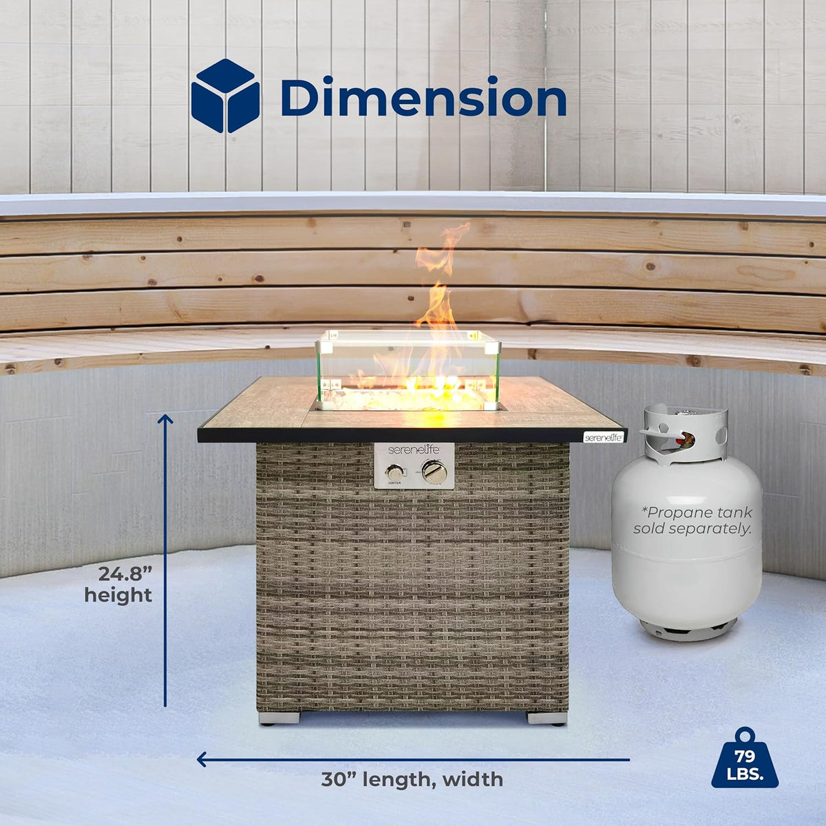 SereneLife Outdoor Propane Fire Pit Table - CSA/ETL Certified Safe 50,000 BTU Pulse Ignition Weatherproof Square Wicker Propane Gas Fire Table w/Tile Tabletop Adjustable Flame - Glass Rocks