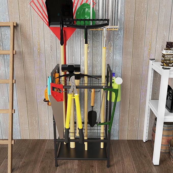 Garden Tool Organizer Rack for Garage, Yard Tool Tower Rack Organizer, Tools Stand Storage with Hooks Black Metal Garden Tools Holder for Yard Shed Garage Organization