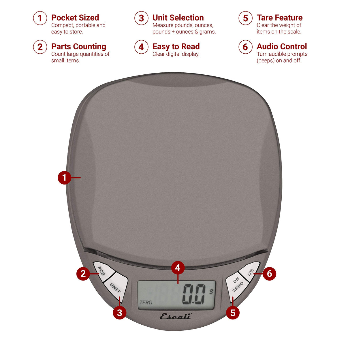 Escali Pico PR500S Precision Kitchen Food Scale for Baking and Cooking, Lightweight and Durable Design, LCD Digital Display, Lifetime ltd. Warranty, Metallic Small