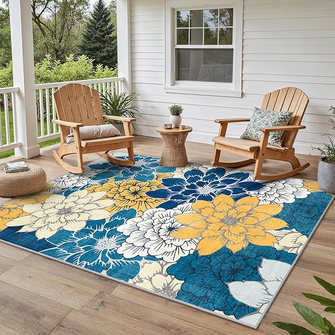 GENIMO Indoor Outdoor Area Rug 5' X 7' Waterproof, Washable Patio Rug Non Shedding, Easy Cleaning Floral Outdoor Carpet for Living Room, Bedroom, Dining Room, Balcony, Backyard, Deck, RV, Blue