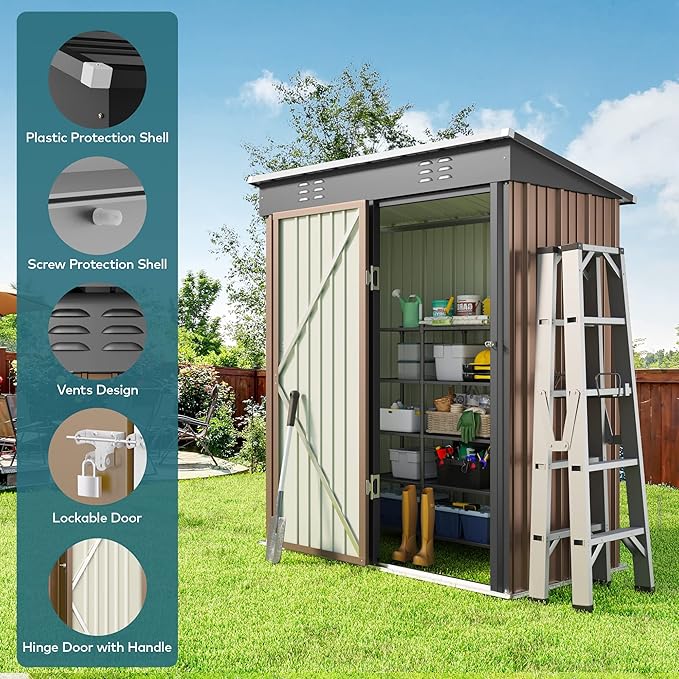 Gizoon 5' x 3' Outdoor Storage Shed with Singe Lockable Door,Galvanized Metal Shed with Air Vent Suitable for The Garden,Tiny House Storage Sheds Outdoor for Backyard Patio Lawn-Brown