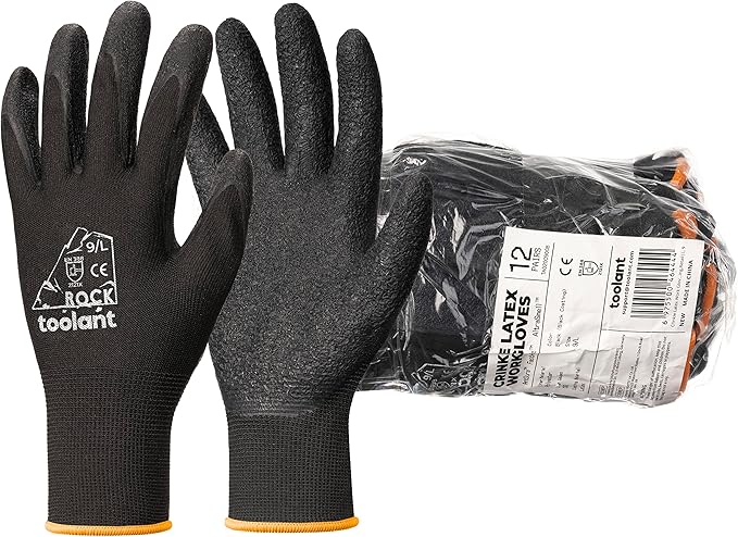 toolant Crinkle Latex Work Gloves Bulk, Rubber Coated Safety Work Gloves for Men and Women, 120 Pairs for Construction, Gardening, Warehouse (Black, Medium)