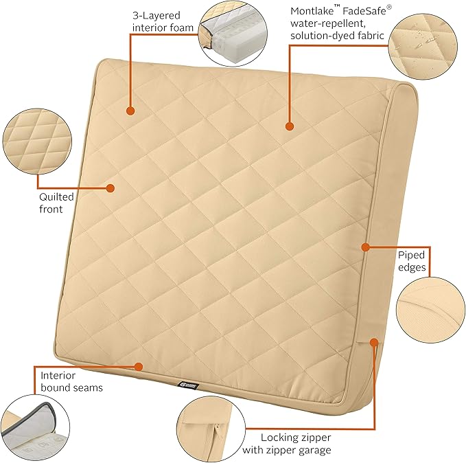 Classic Accessories Montlake FadeSafe Water-Resistant 25 x 22 x 4 Inch Wide Back Patio Quilted Lounge Cushion, Chamomile
