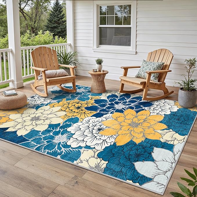 GENIMO Indoor Outdoor Area Rug 6' X 9' Waterproof, Washable Patio Rug Non Shedding, Easy Cleaning Floral Outdoor Carpet for Living Room, Bedroom, Dining Room, Balcony, Backyard, Deck, RV, Blue