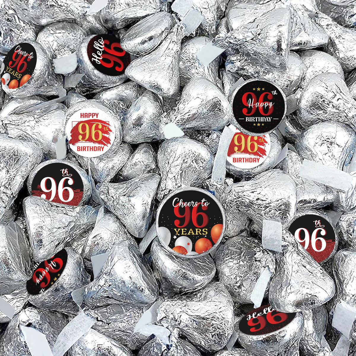 Happy 96th Birthday Party Favor Labels Chocolate Candy Stickers - 96 Years Old Birthday Round Candy Sticker Party Favors - Black and Red - 150