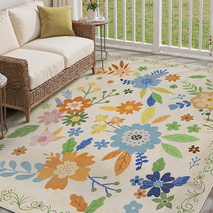 GENIMO Indoor Outdoor Area Rug 5' X 7' Waterproof, Washable Door Mat Non Shedding, Easy Cleaning Floral Outdoor Carpet for Patio, Entryway, Porch, Bathroom, Living Room, Bedroom, Backyard