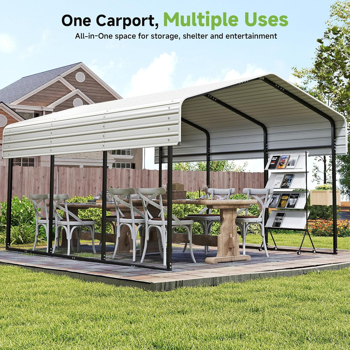 Real Relax 10×15FT Heavy Duty Carport, Metal Car Port Multi-Use Outdoor Storage Cars, Boats, Trucks, Galvanized Metal Roof, Cream White