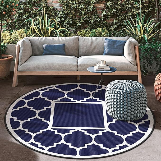 GENIMO 8' Round Outdoor Rug Waterproof for Patio Decor, Foldable Reversible Plastic Straw Area Rugs Mat for Rv, Outside Carpet for Camper, Deck, Picnic, Beach, Balcony, Camper, Blue & White