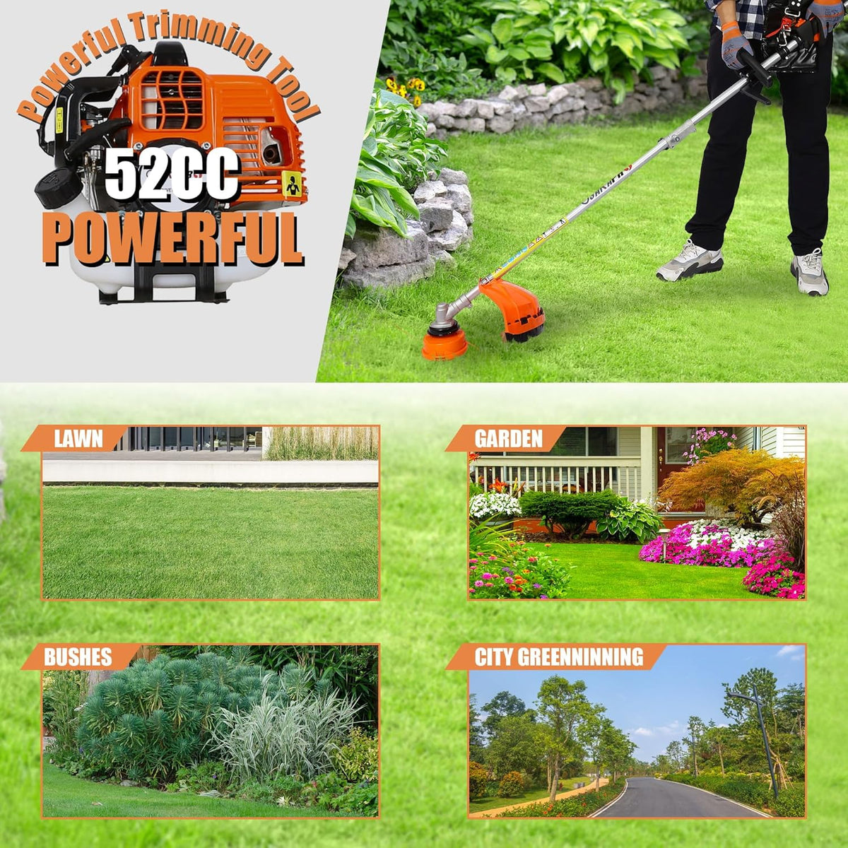 Gas Trimmer Weed Eater 52cc 2-Stroke,6 in 1 Multi-Functional Petrol Trimmer Hedge Trimmer Pole Saw Trimmer for Quick Weed Grass Cleaning Crop Seed Soil Protection Tools