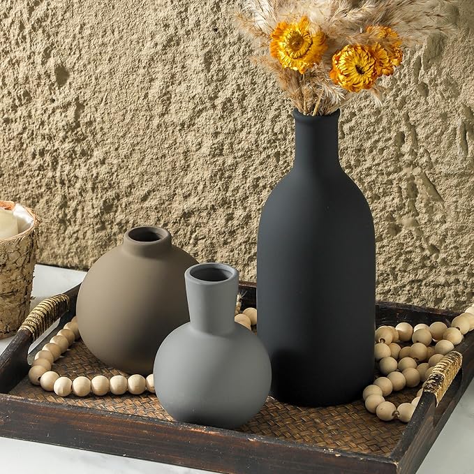 Ceramic Vase Set of 3 | Neutral Vases Home Decor | Modern Flower Pottery Vases Rustic Farmhouse Vase for Table Entryway Mantel Centerpiece Bookshelf Living Room Bathroom Bedroom -Multicolor Large