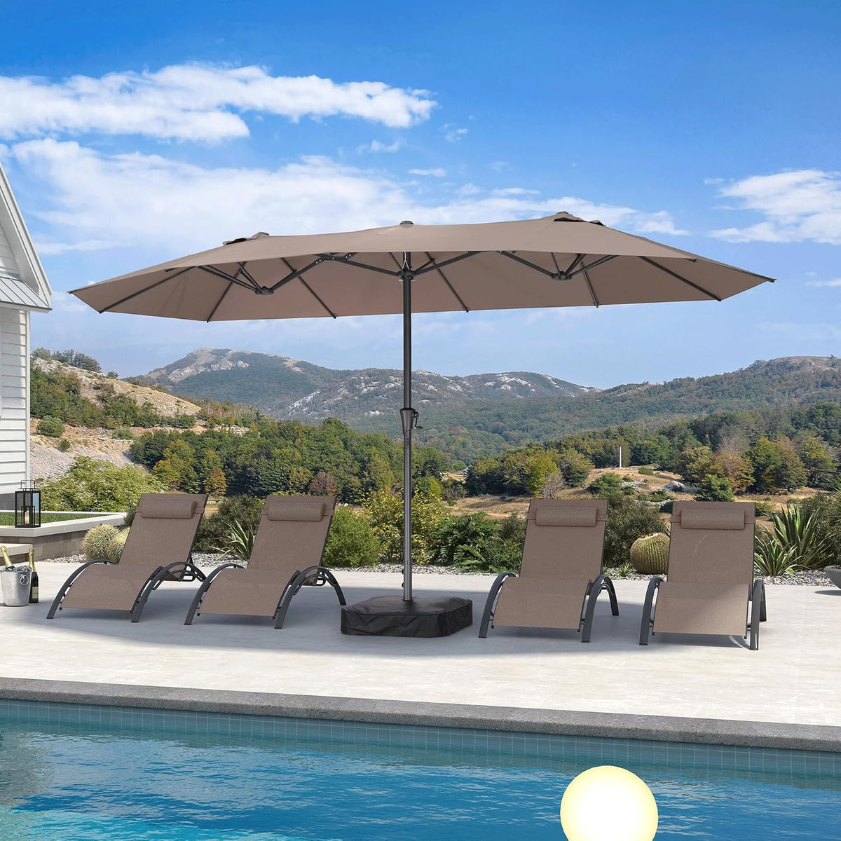 PURPLE LEAF 14ft Patio Market Umbrella Outdoor Double-Sided Umbrella with Base and Crank Rectangle Table Umbrella for Pool Deck Garden, Taupe