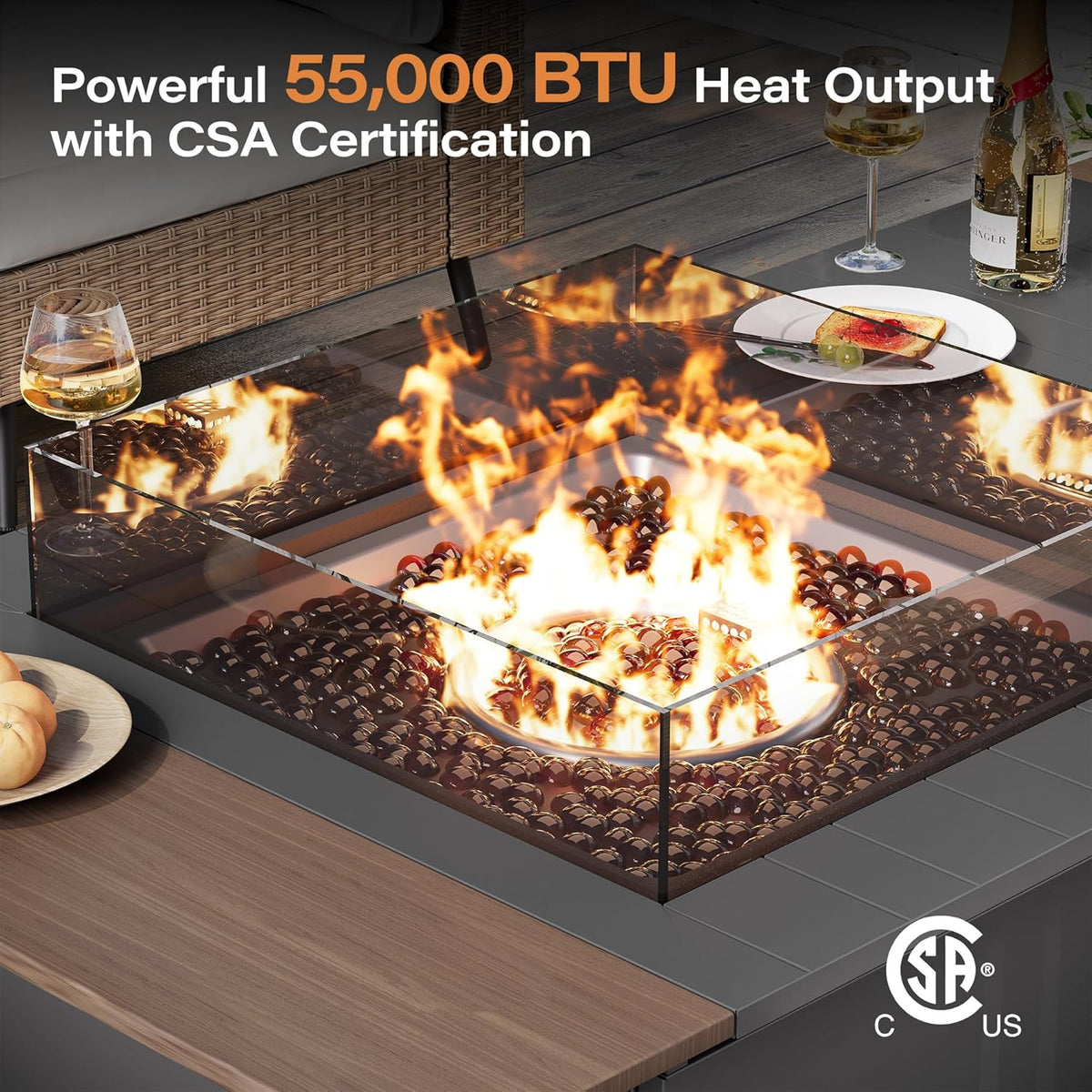 LAUSAINT HOME 64" Gas Fire Pit Table for Outside Patio, 55,000 BTU Propane Firepit with Expandable Tabletop & Wind Guard