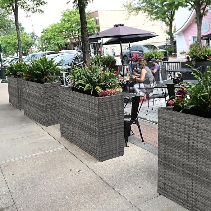 LEWIS&WAYNE Tall Planters for Outdoor Plants Handmade Wicker Large Rectangular Block Planter Box with Removable Liners Modern Planter for Indoor Outdoor Patio Deck - Gray
