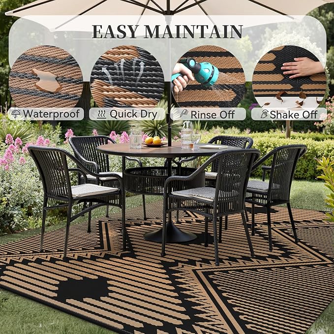 MontVoo Outdoor Rug 8x10 Waterproof Patio Rug-Outdoor Carpet Mat Reversible Plastic Straw Outside Outdoor Rug for RV Camping Picnic Balcony Backyard Pool Deck Porch Modern Boho Black Brown