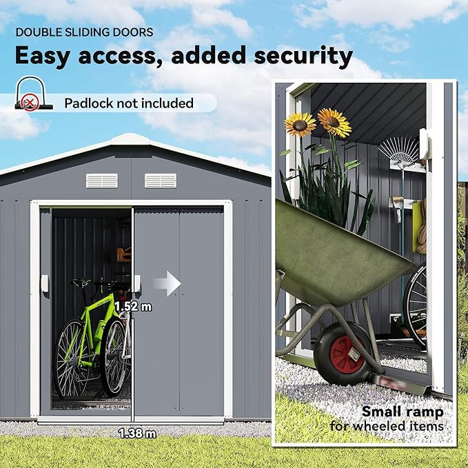 Outsunny 11' x 13' Outdoor Storage Shed, Garden Tool Metal Shed with Foundation Kit, Double Lockable Door, Air Vents and Sloping Roof, for Backyard, Patio, Lawn, Dark Gray