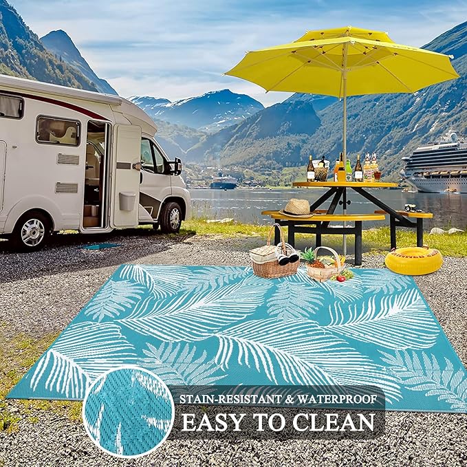 Pauwer Waterproof Outdoor Rug 8x10, Reversible Plastic Straw Patio Camping Rug, Indoor Outdoor RV Mat Carpet for Deck, Camper, Porch, Balcony, Backyard, Picnic, Leaf Teal