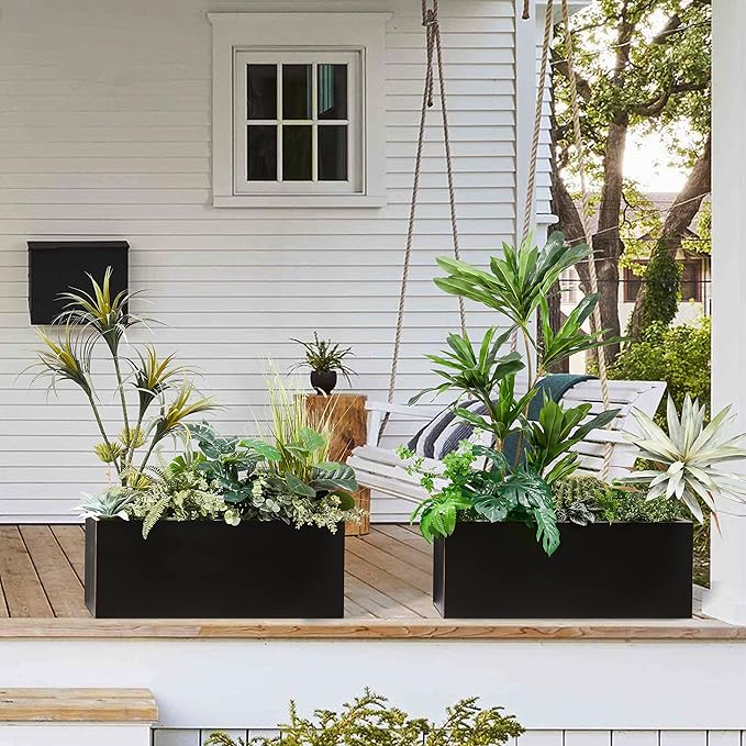 Metallic Heavy Long and Large Outdoor/Indoor Planter, Rectangular Trough Planter Box, 38”Lx15”Wx15”H, 40Pounds, Black with Hand Brushed Gold Edge, No Assemble and Seamless