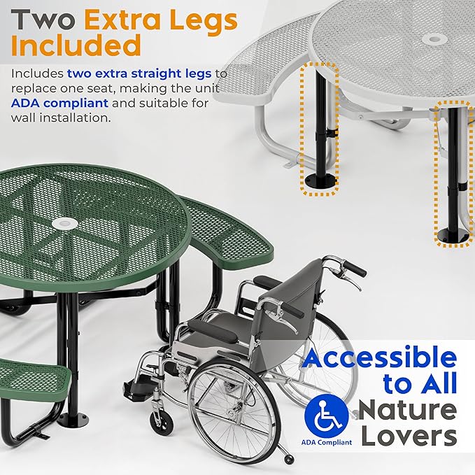 Metal Picnic Tables for Outdoors with Umbrella Hole - Coated Steel Heavy Duty Commercial Grade Table with Adjustable Seats (Green, 46 in, Round, Expanded Steel)