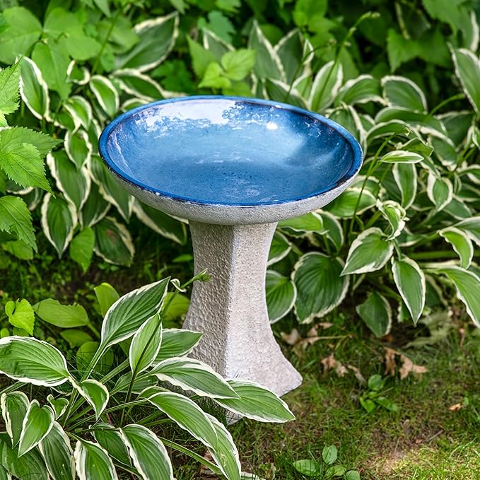 Sunnydaze Ceramic Bird Bath for Outside - 16" H - UV- and Frost-Resistant - Pedestal Bird Bath - Blue Glazed Bowl - White Lava Finish