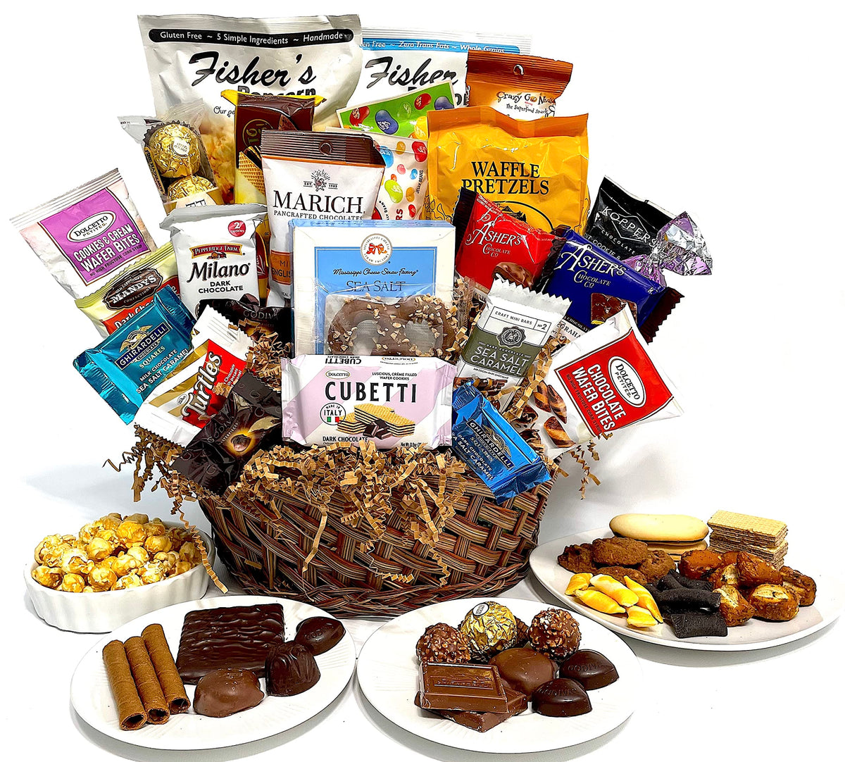 Hand-Crafted 28 Piece customizable chocolate gift basket of gourmet chocolates, cookies, and crunches. Tasty treats selected for businesses, clients