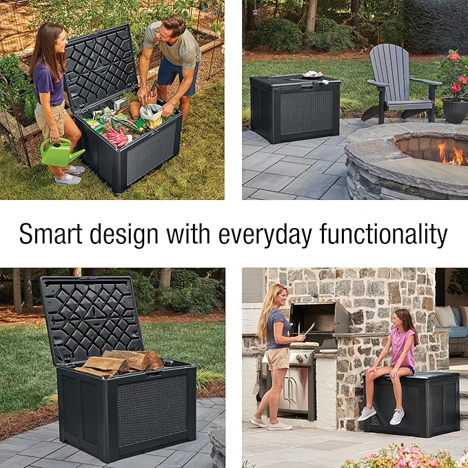 Rubbermaid Medium Resin Outdoor Storage Deck Box (74 Gal), Weather Resistant, Black, Deck Organization for Home/Backyard/Pool Chemicals/Toys/Garden Tools/Porch/Patio Cushions