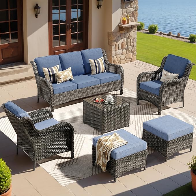 ovios 6 Pieces Patio Furniture Set, Outdoor Wicker Sofas with Glass Coffee Table and Comfy Cushions, All Weather High Back Couch Set for Deck Porch, Grey Rattan, Denim Blue